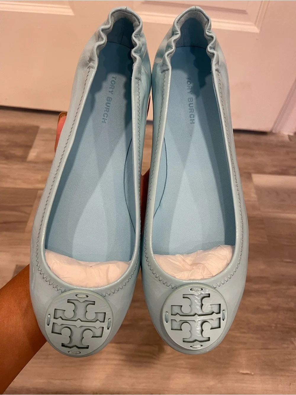 Tory Burch Minnie Travel Ballet Flats Size 7 Island Blue Patent Leather NIB